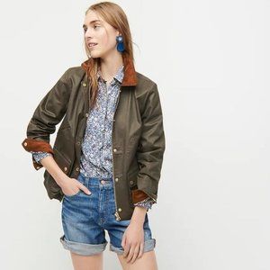 J Crew Corduroy Trim Green Waxed Barn Chore Jacket